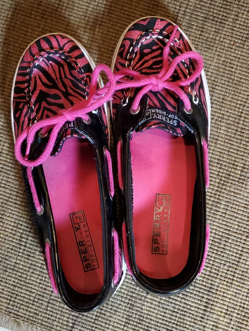 Girl's Size 3 Sperry Sparkly Black and Hot Pink Zebra Boat Shoes